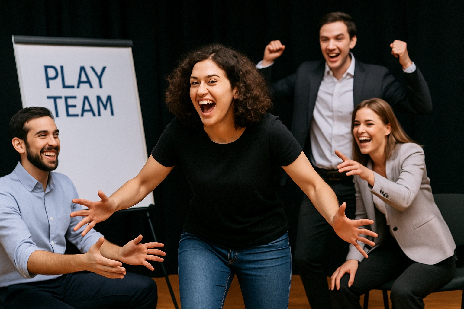 Equipo de trabajo colaborando de forma divertida en Madrid Sur